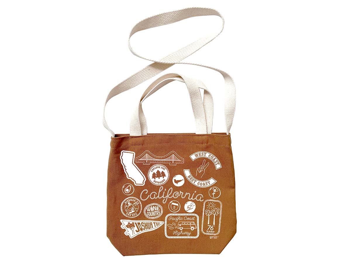 California Essentials Tote – Versatile Cotton Crossbody Bag with Map Design Caramel