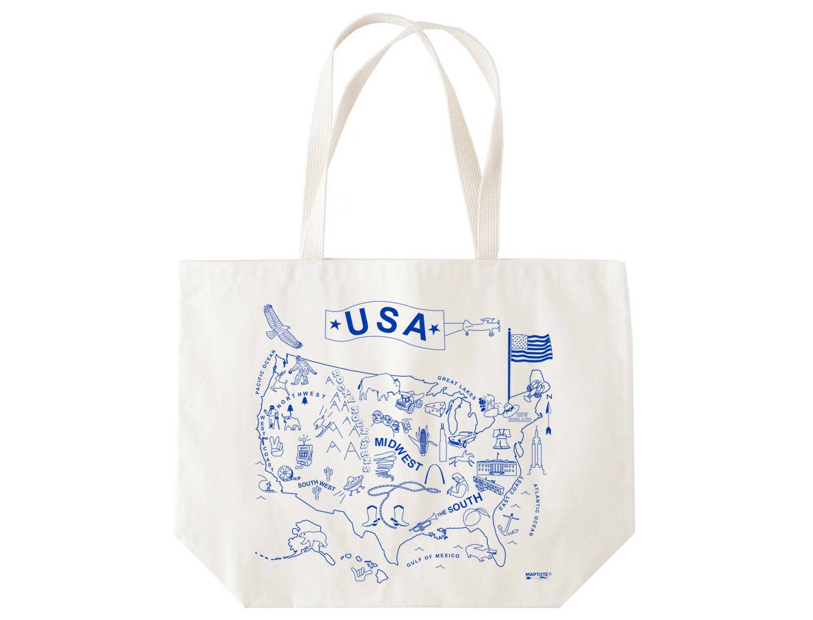 USA Beach Tote – Oversized Cotton Canvas Bag with Map Design