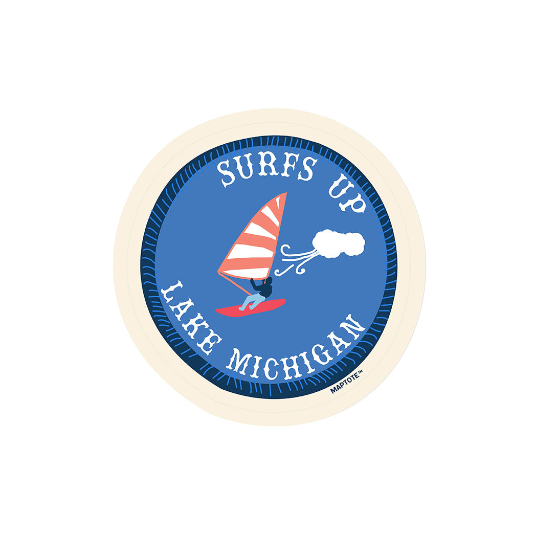 Surfs up on lake michigan sticker with surfer on board